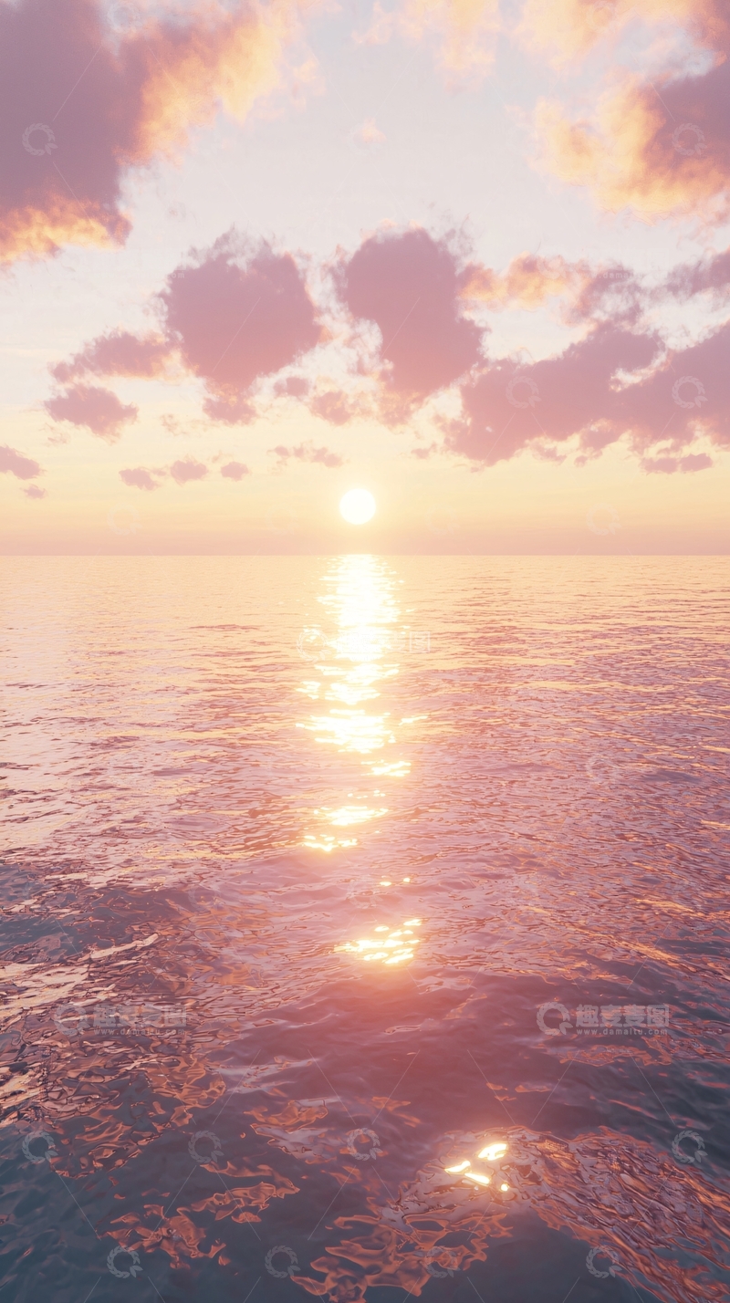高清大图下载【趣麦麦图】粉色天空下的平静海面