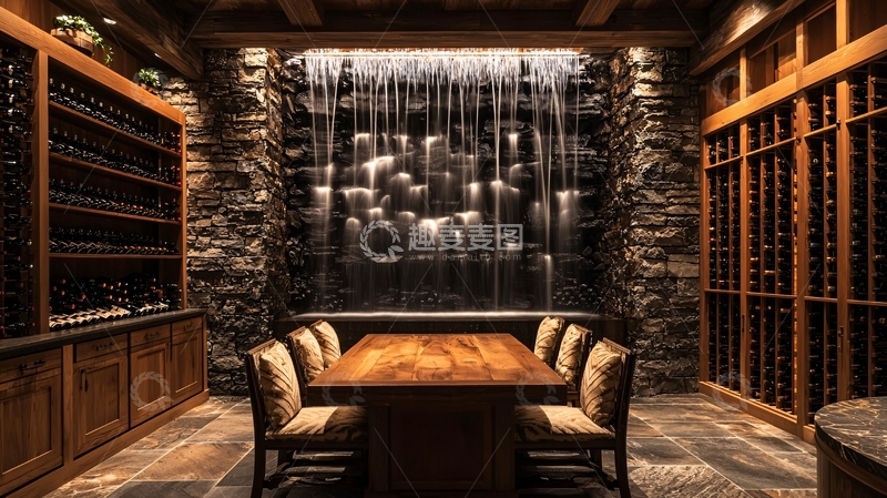 高清大图下载【趣麦麦图】室内酒窖餐桌石墙瀑布