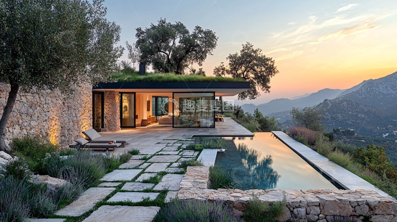 高清大图下载【趣麦麦图】山景别墅泳池日落美景