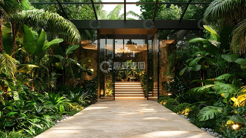 高清大图下载【趣麦麦图】热带植物围绕的玻璃门