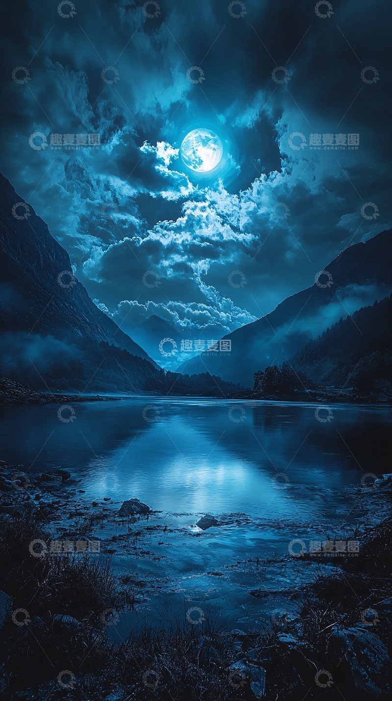 高清大图下载【趣麦麦图】蓝月下的宁静山湖