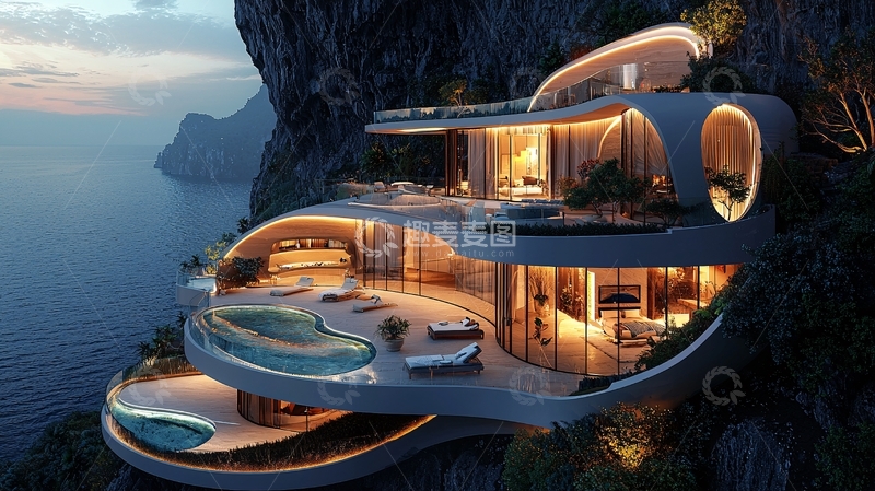 高清大图下载【趣麦麦图】海边悬崖上的未来住宅