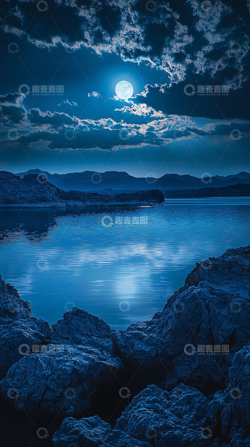 高清大图下载【趣麦麦图】月夜湖泊山峦倒影