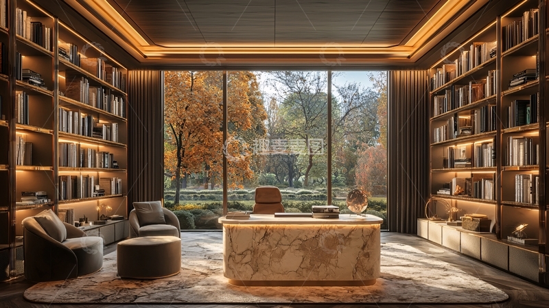 高清大图下载【趣麦麦图】豪华书房大落地窗秋景