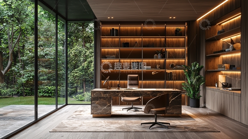 高清大图下载【趣麦麦图】豪华办公室落地窗外绿树