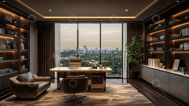 高清大图下载【趣麦麦图】豪华办公室落地窗外城市景观