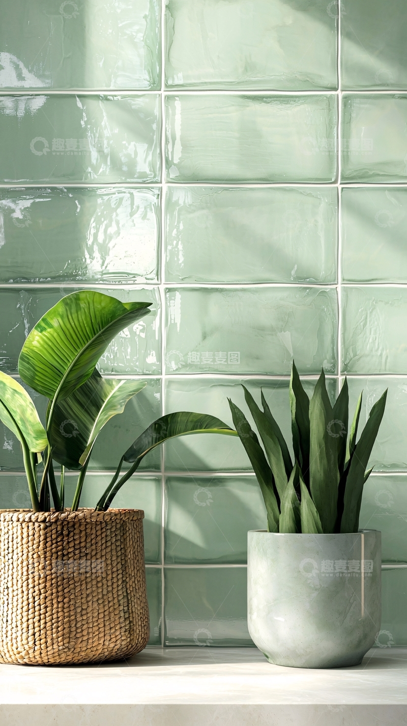 高清大图下载【趣麦麦图】绿植背景的浅绿色瓷砖