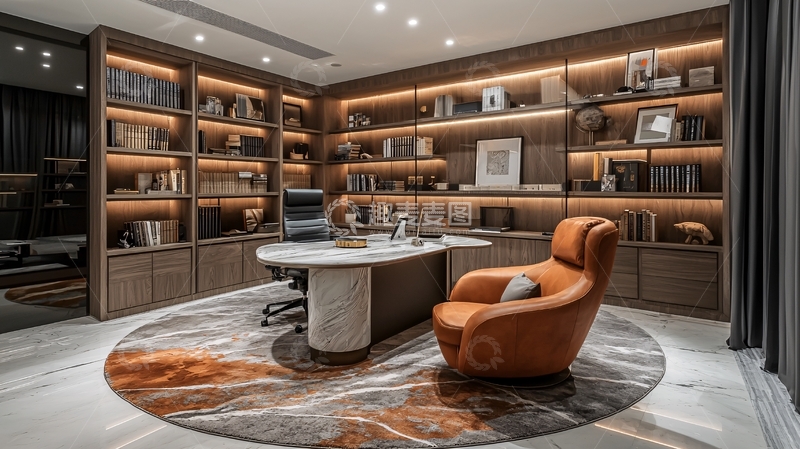 高清大图下载【趣麦麦图】奢华书房与弧形地毯