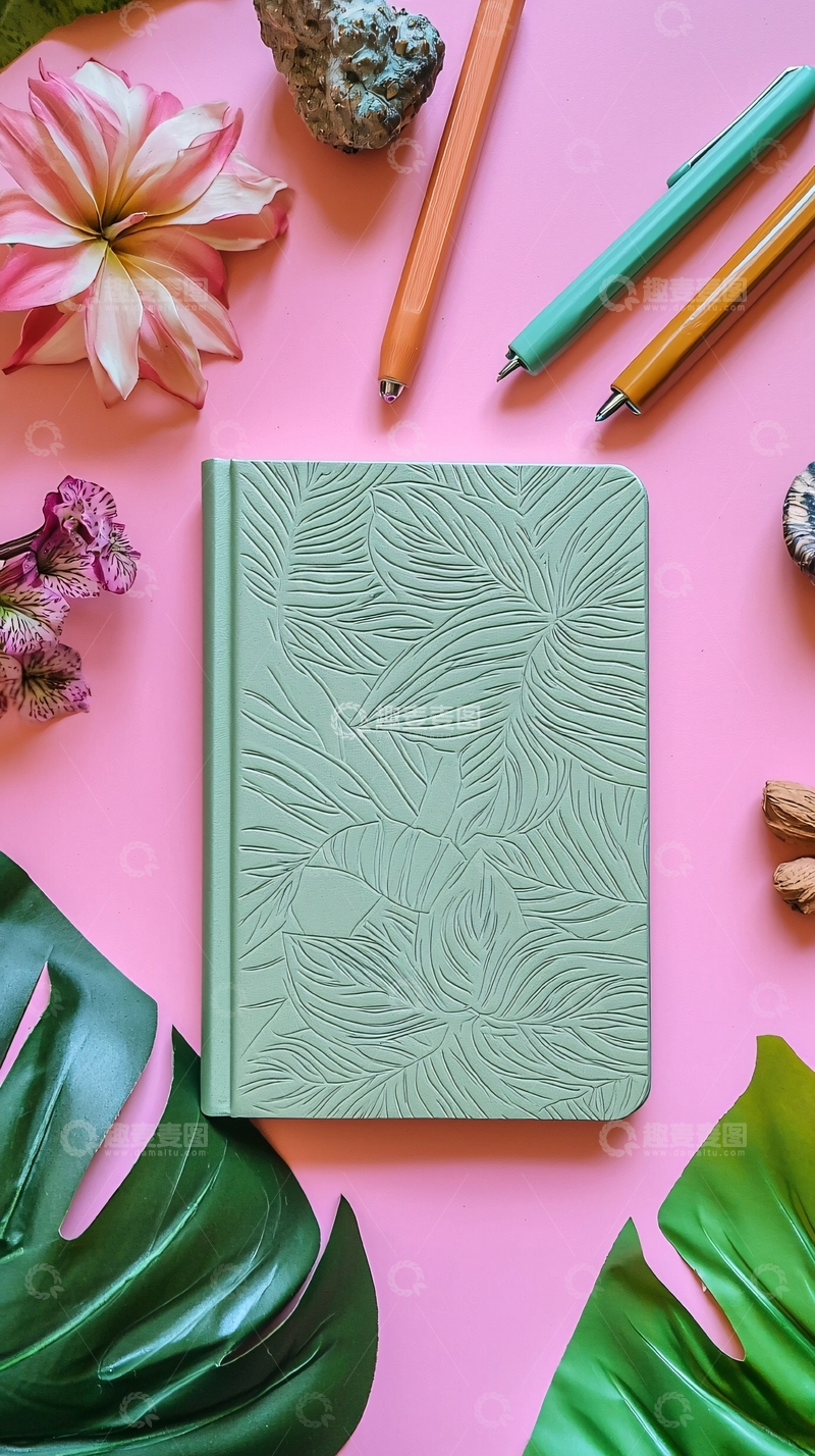 高清大图下载【趣麦麦图】粉色背景绿植笔记本