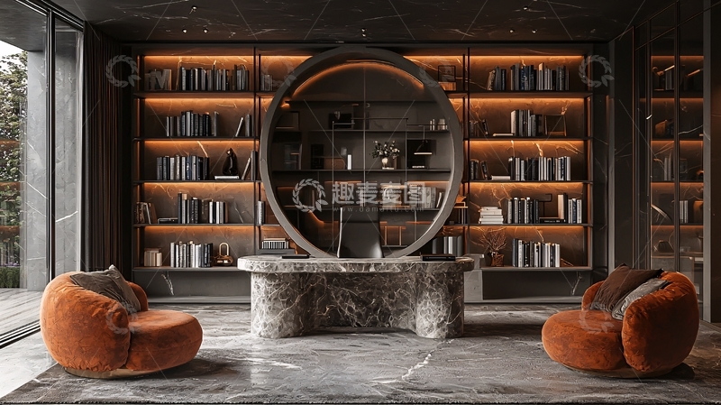 高清大图下载【趣麦麦图】豪华书房圆形拱门