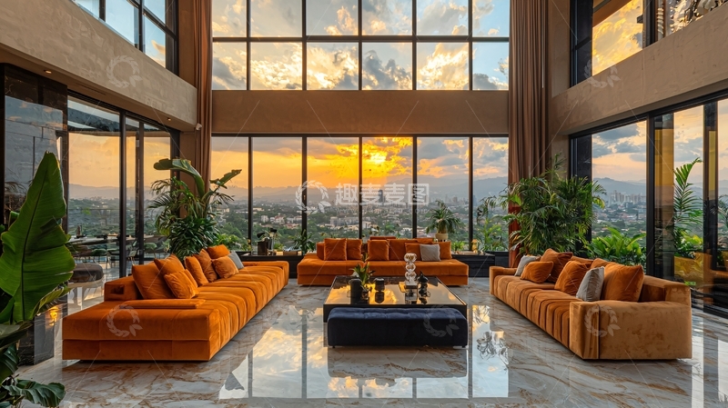 高清大图下载【趣麦麦图】落地窗豪宅客厅日落景色