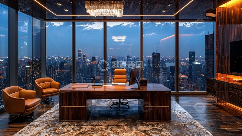 高清大图下载【趣麦麦图】豪华现代办公室落地窗夜景