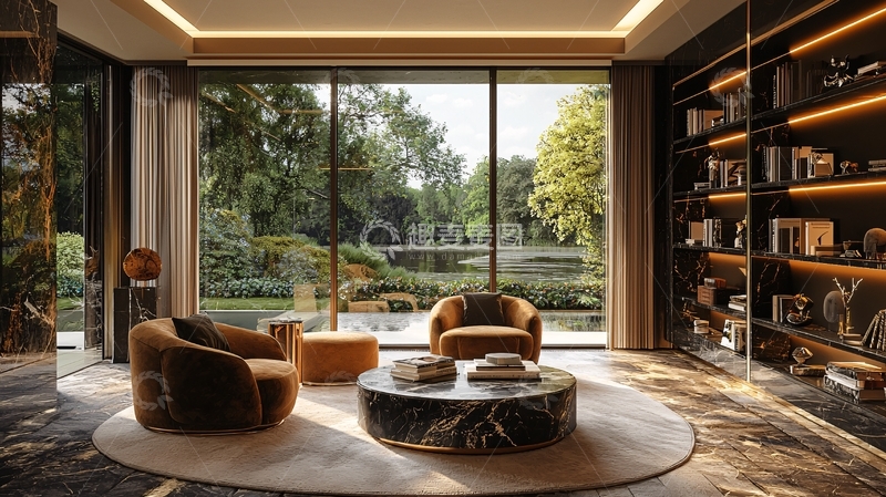 高清大图下载【趣麦麦图】室内起居室落地窗外花园