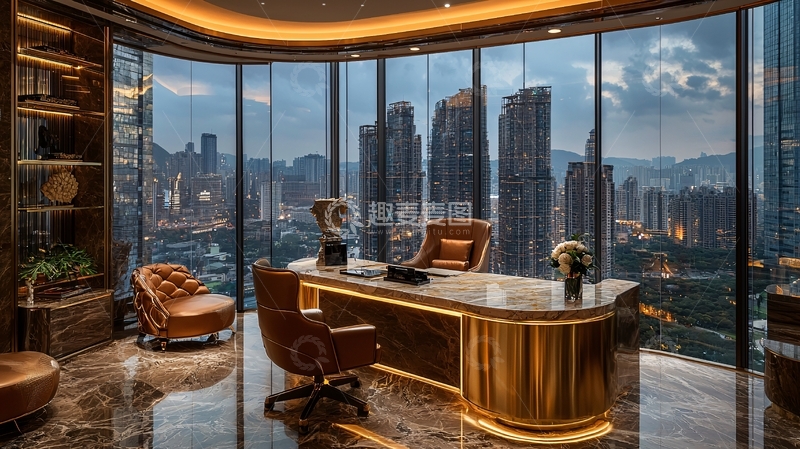 高清大图下载【趣麦麦图】豪华办公室夜景全景落地窗