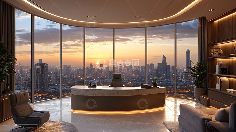 高清大图下载【趣麦麦图】现代落地窗办公室日落