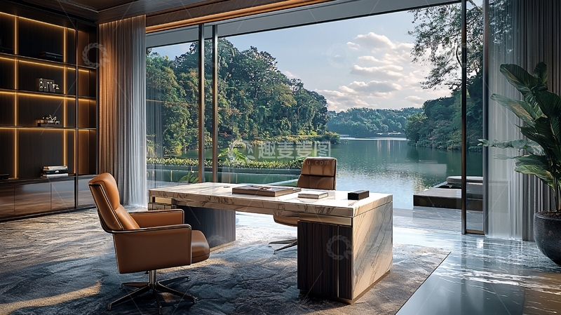 高清大图下载【趣麦麦图】豪华办公室湖景窗外