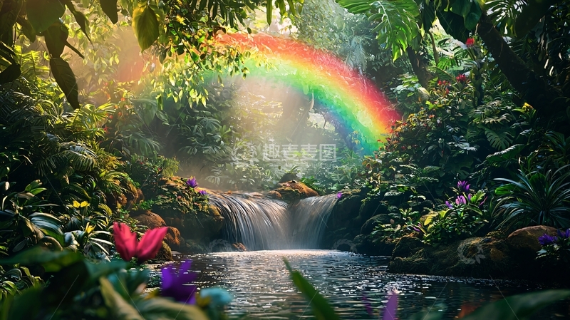 高清大图下载【趣麦麦图】彩虹瀑布雨林仙境