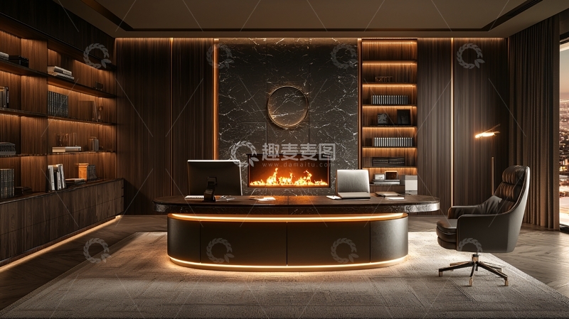 高清大图下载【趣麦麦图】豪华现代书房带壁炉