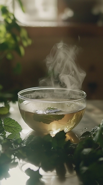 玻璃杯中热气腾腾的薄荷茶
