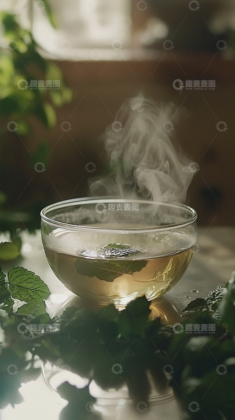 高清大图下载【趣麦麦图】玻璃杯中热气腾腾的薄荷茶