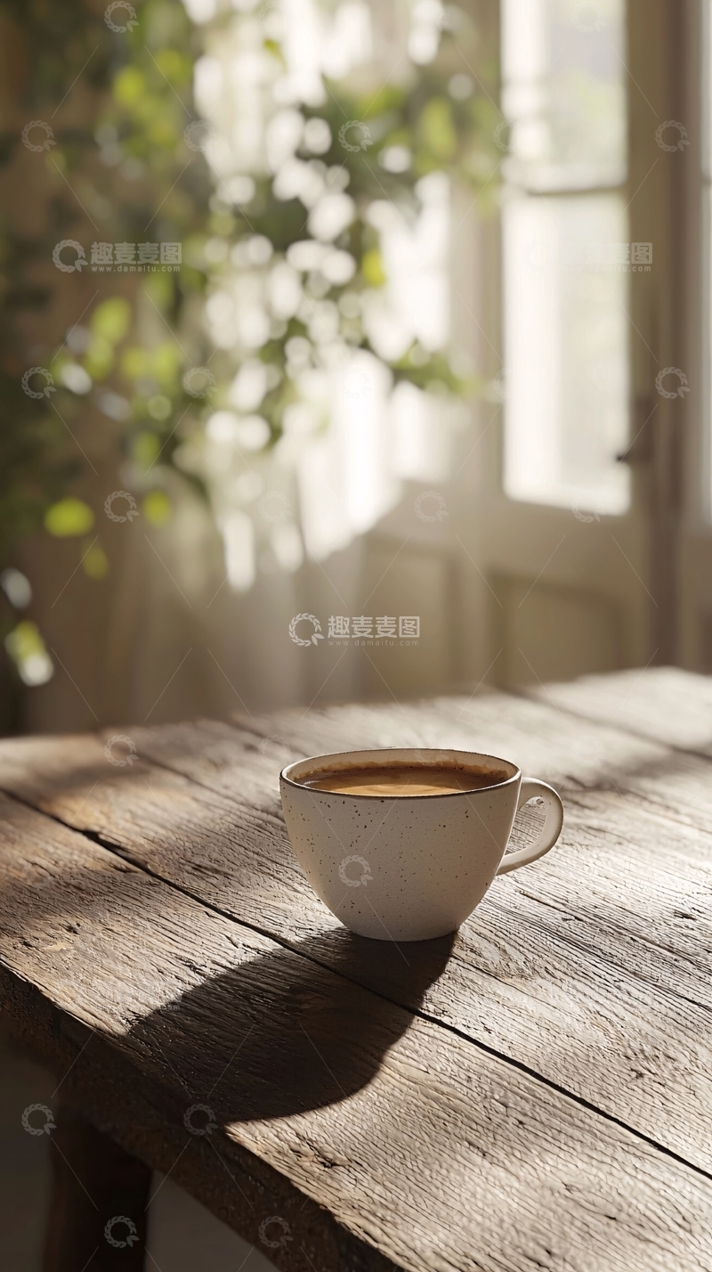 高清大图下载【趣麦麦图】阳光洒在木桌上的咖啡