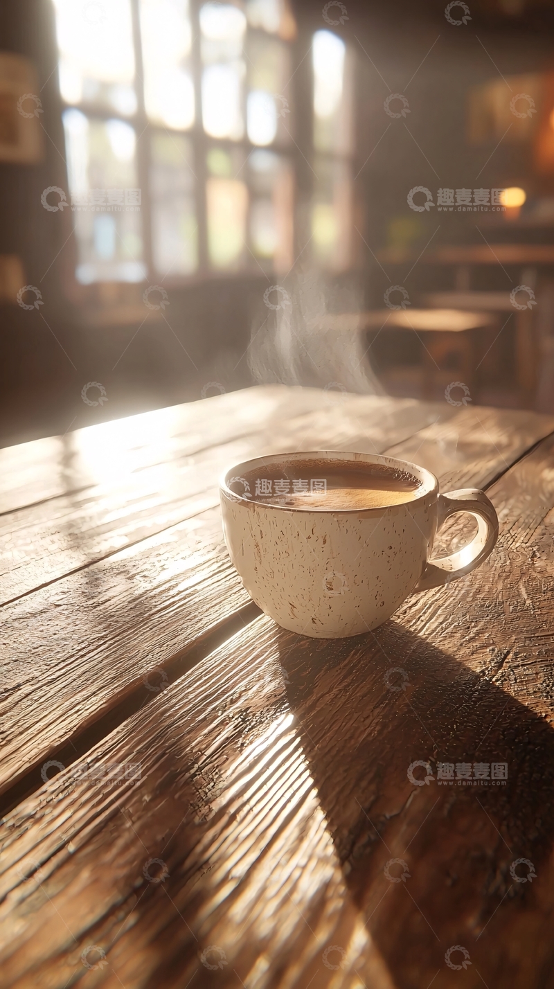 高清大图下载【趣麦麦图】阳光洒落木桌上的咖啡
