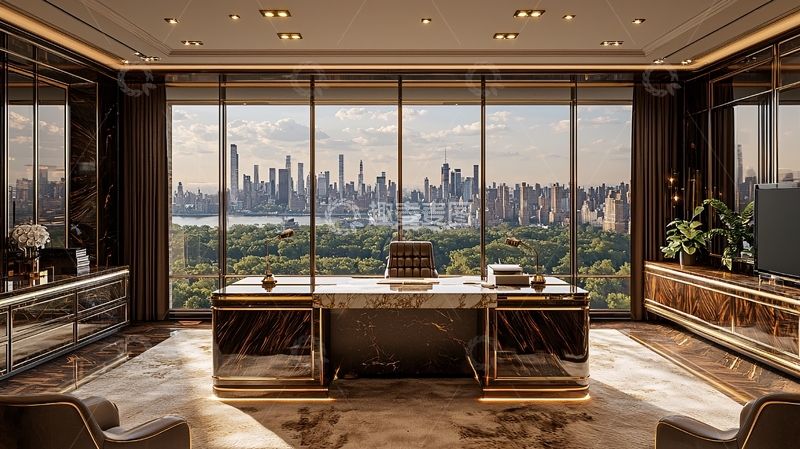 高清大图下载【趣麦麦图】奢华办公室全景落地窗城市景观
