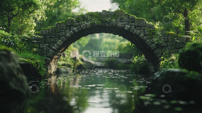 高清大图下载【趣麦麦图】古桥流水森林景色