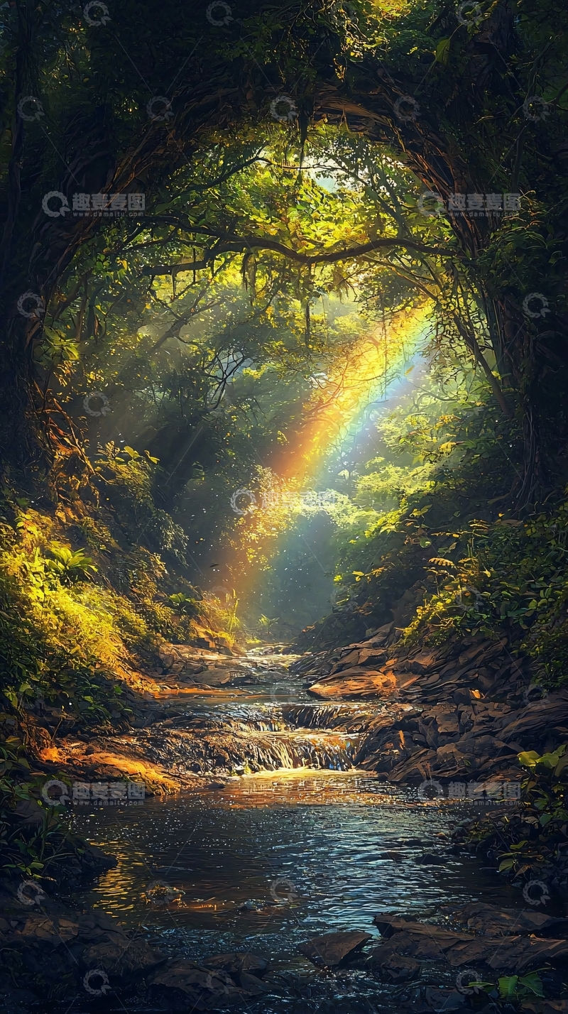 高清大图下载【趣麦麦图】森林彩虹溪流