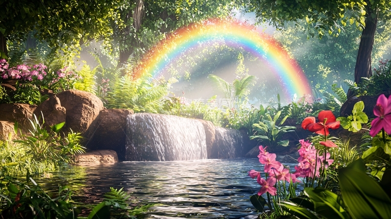 高清大图下载【趣麦麦图】彩虹瀑布森林