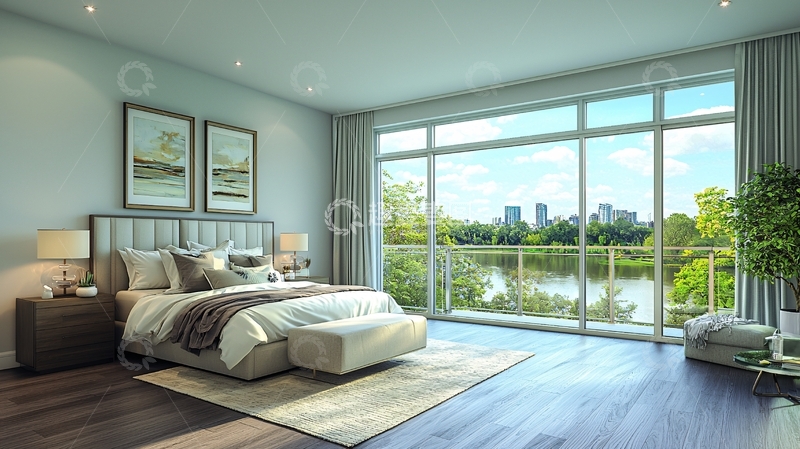 高清大图下载【趣麦麦图】卧室湖景房现代简约风
