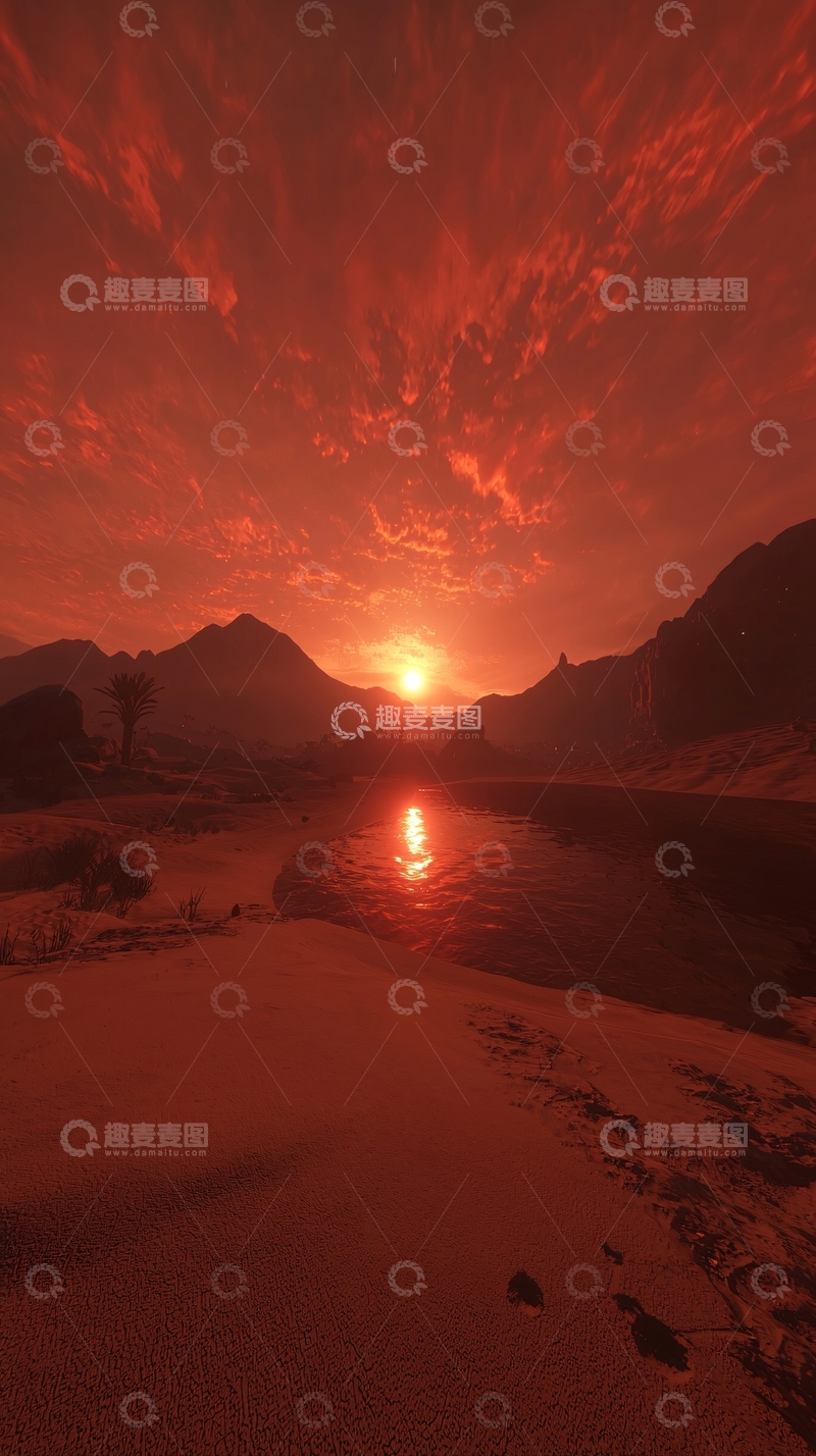 高清大图下载【趣麦麦图】红色夕阳下的沙漠河流