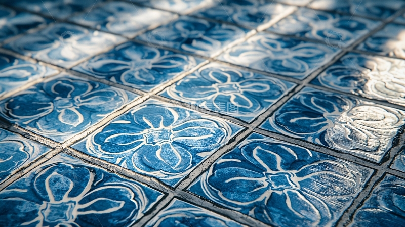 高清大图下载【趣麦麦图】蓝色花卉瓷砖地面