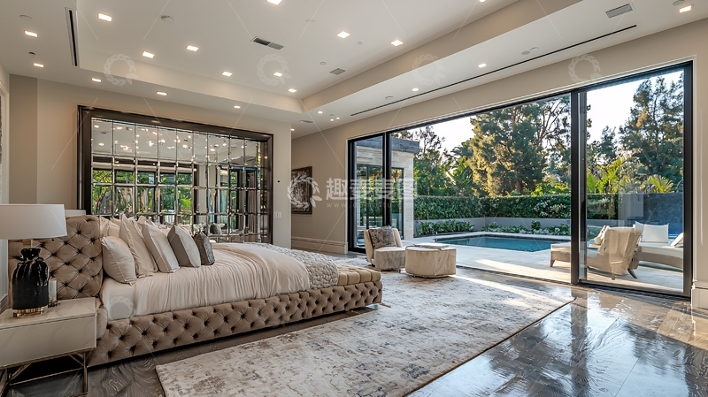 高清大图下载【趣麦麦图】豪华卧室通向泳池的落地窗