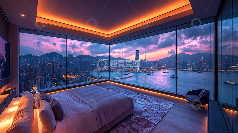 高清大图下载【趣麦麦图】城市夜景卧室落地窗