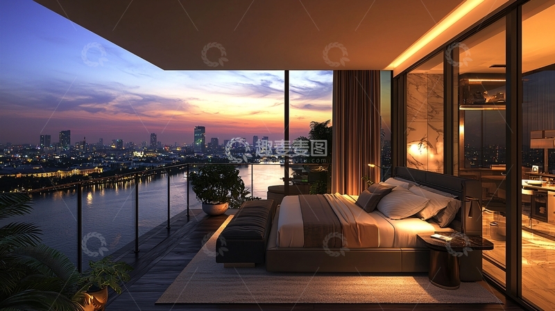 高清大图下载【趣麦麦图】夜景阳台卧室