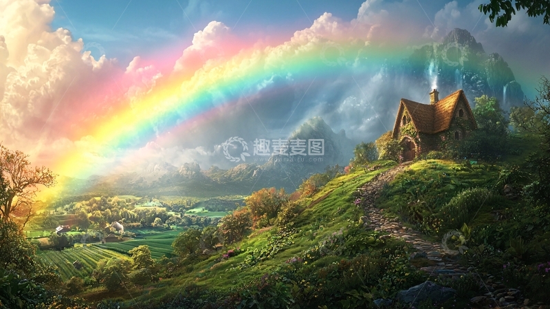 高清大图下载【趣麦麦图】彩虹小屋山峦美景