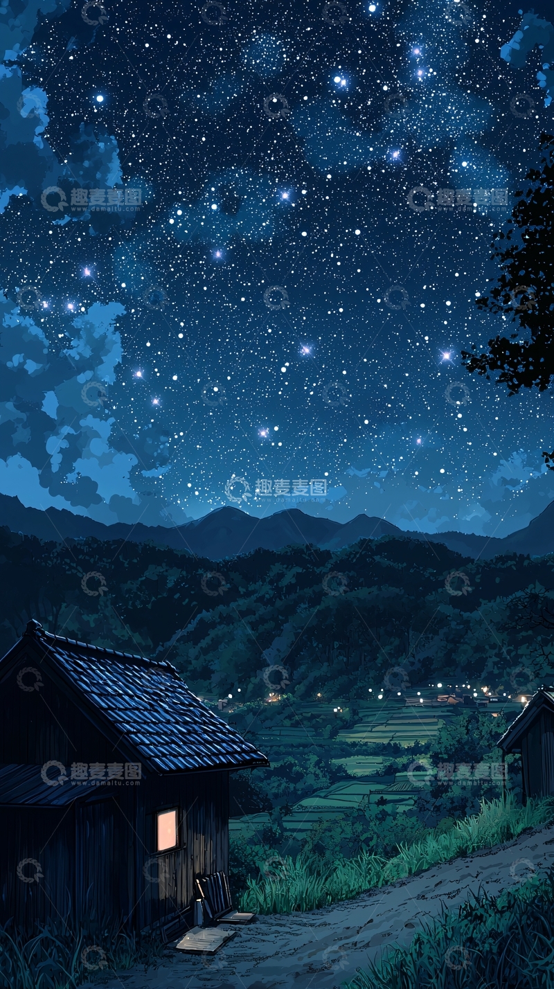 高清大图下载【趣麦麦图】星空下的乡村小屋