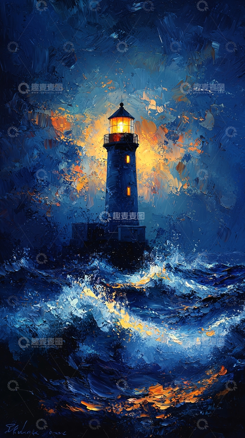 高清大图下载【趣麦麦图】夜色中灯塔的油画
