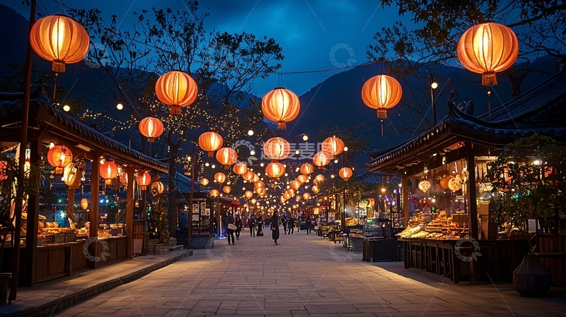 高清大图下载【趣麦麦图】夜晚古镇灯笼亮起
