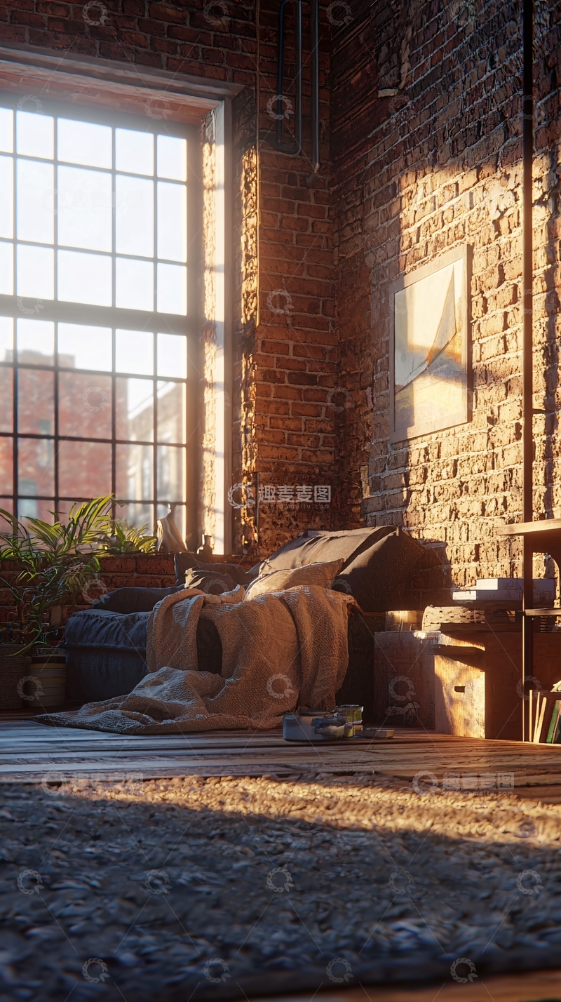 高清大图下载【趣麦麦图】阳光洒进砖墙房间
