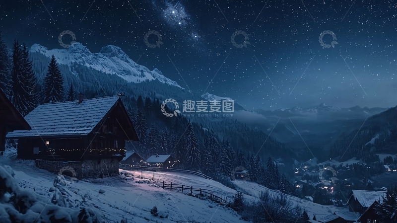 高清大图下载【趣麦麦图】雪夜山村