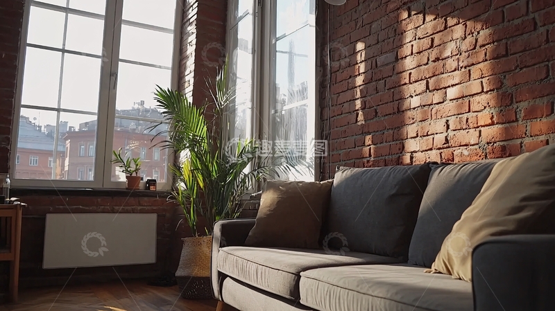 高清大图下载【趣麦麦图】阳光洒进砖墙客厅