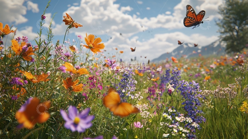 高清大图下载【趣麦麦图】彩色花海蝴蝶飞舞