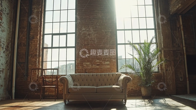 高清大图下载【趣麦麦图】阳光洒进砖墙房间的沙发