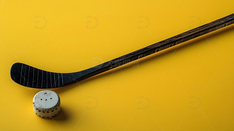 高清大图下载【趣麦麦图】冰球杆与冰球在黄色背景上