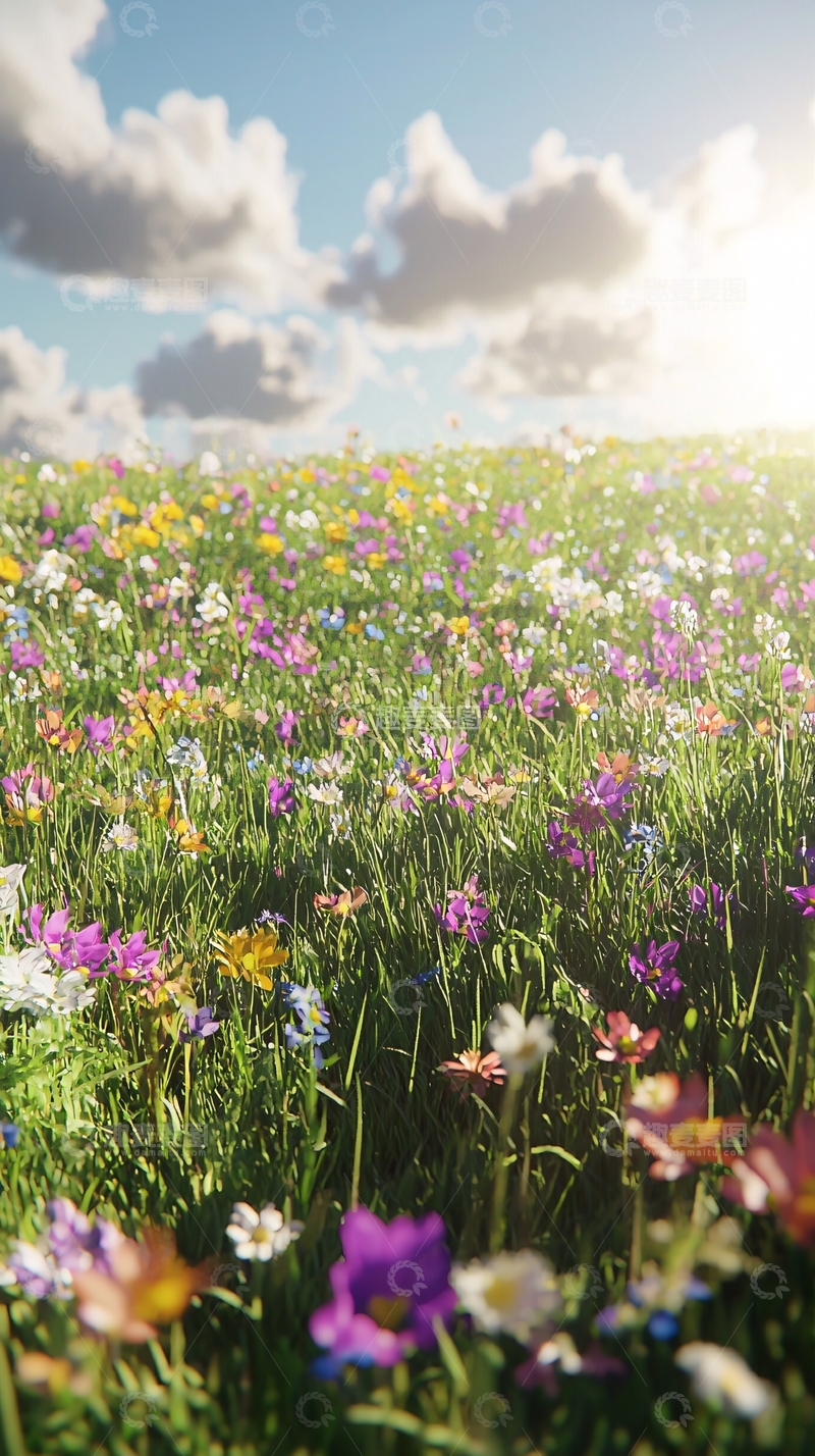 高清大图下载【趣麦麦图】阳光下五彩缤纷的野花田