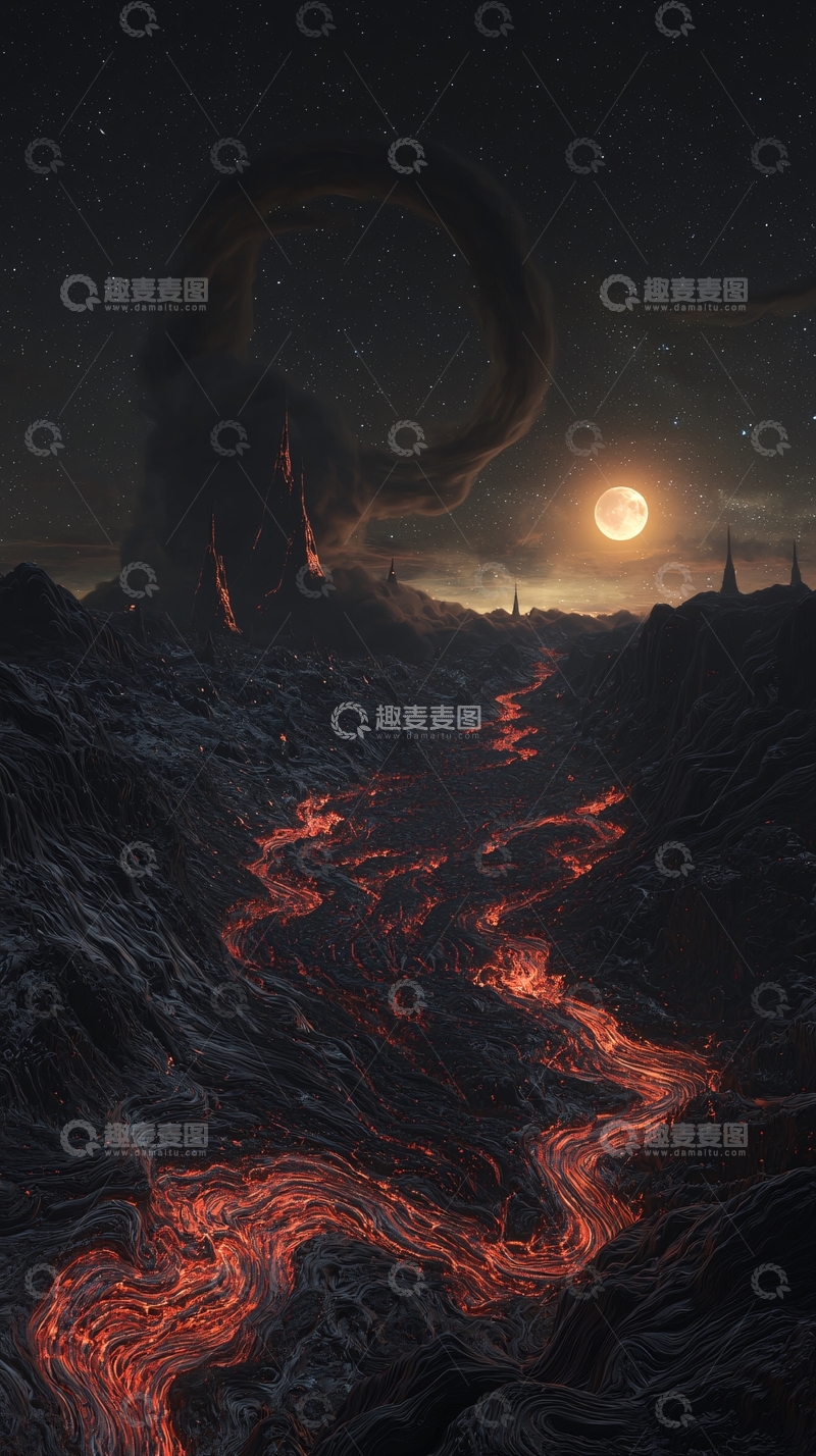 高清大图下载【趣麦麦图】暗夜熔岩河流奇异星球