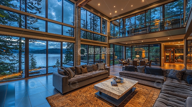 高清大图下载【趣麦麦图】豪华客厅落地窗外湖景