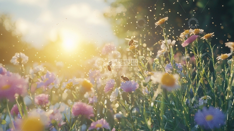 高清大图下载【趣麦麦图】夕阳下盛开的野花田